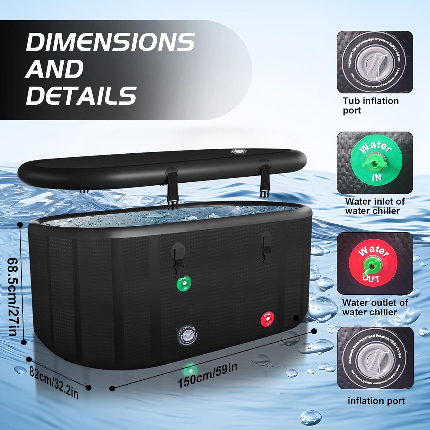 HotMax XXL Drop Stitch Ice Bath Tub for Recovery 216 Gal, Compatible with Water Chillers, Cold Plunge Tub with Insulated Lid, Multi-layer Portable Bathtub for Cold Water Therapy(59IN*32.2IN*27IN) - Image 2