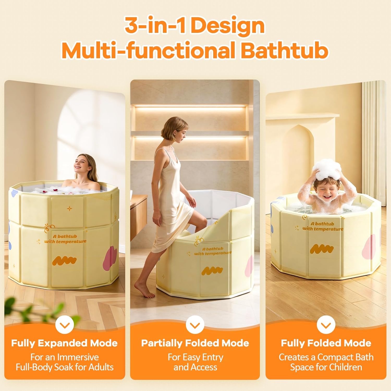 Portable Bathtub, Hot Ice Bath Tub Inflation-free, Shower Bathroom SPA Soaking Tub, Collapsible Bathtub No Installation for Home & Outdoor (Warm Yellow, 27.55"L x 27.55"W x 27.55"H) - Image 2