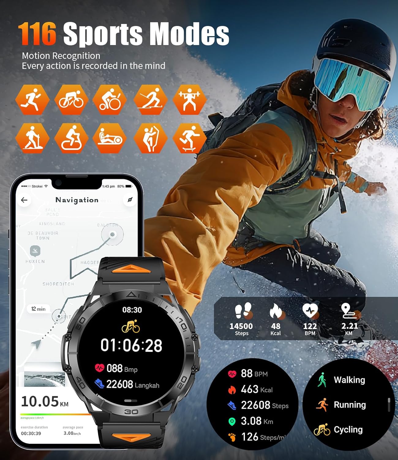 EF16 Smart Watch for Men (Answer/Make Calls), 1.6" AMOLED HD Fitness Watches with LED Flashlight, 600mAh Battery/2 Straps/100+ Sports/IP68 Waterproof Smartwatch for Android iPhone Compatible - Image 4