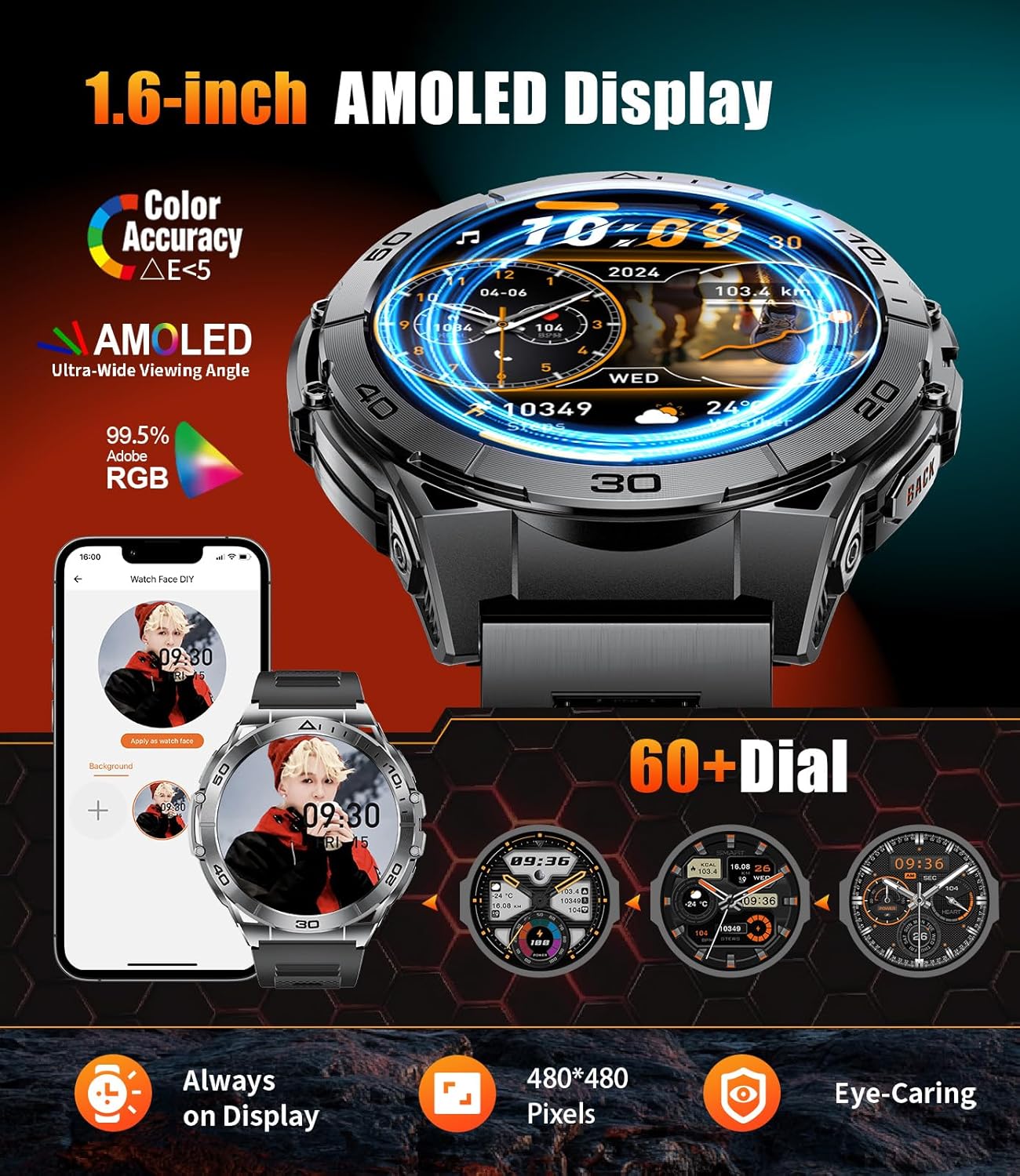EF16 Smart Watch for Men (Answer/Make Calls), 1.6" AMOLED HD Fitness Watches with LED Flashlight, 600mAh Battery/2 Straps/100+ Sports/IP68 Waterproof Smartwatch for Android iPhone Compatible - Image 2