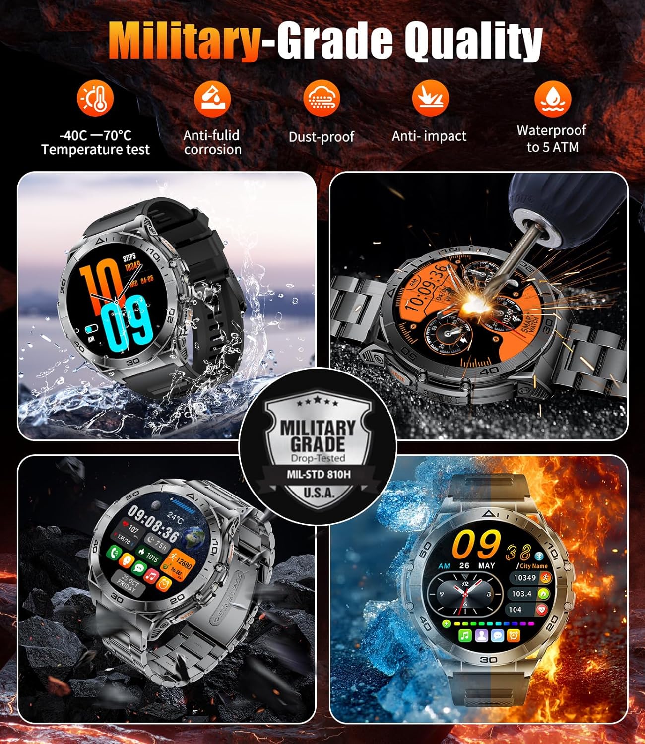 EF16 Smart Watch for Men (Answer/Make Calls), 1.6" AMOLED HD Fitness Watches with LED Flashlight, 600mAh Battery/2 Straps/100+ Sports/IP68 Waterproof Smartwatch for Android iPhone Compatible - Image 9