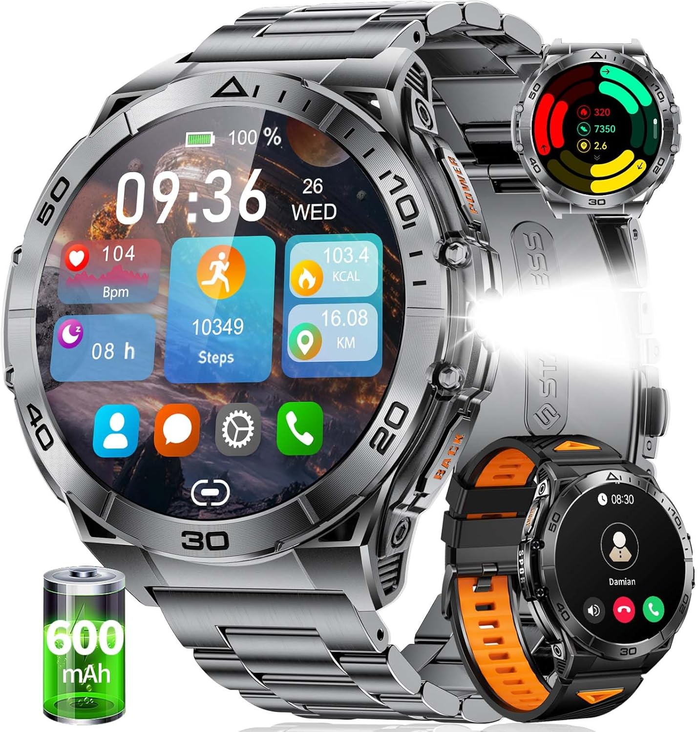 EF16 Smart Watch for Men (Answer/Make Calls), 1.6" AMOLED HD Fitness Watches with LED Flashlight, 600mAh Battery/2 Straps/100+ Sports/IP68 Waterproof Smartwatch for Android iPhone Compatible