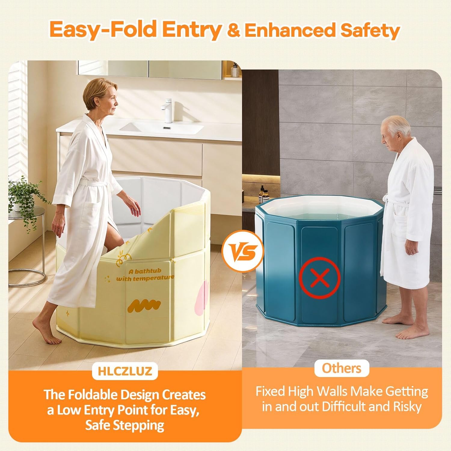 Portable Bathtub, Hot Ice Bath Tub Inflation-free, Shower Bathroom SPA Soaking Tub, Collapsible Bathtub No Installation for Home & Outdoor (Warm Yellow, 27.55"L x 27.55"W x 27.55"H) - Image 3